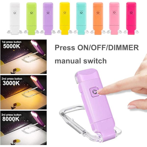 LED clip-on book light, USB rechargeable bookmark light, bedside lamp, children's book light, adjustable brightness.