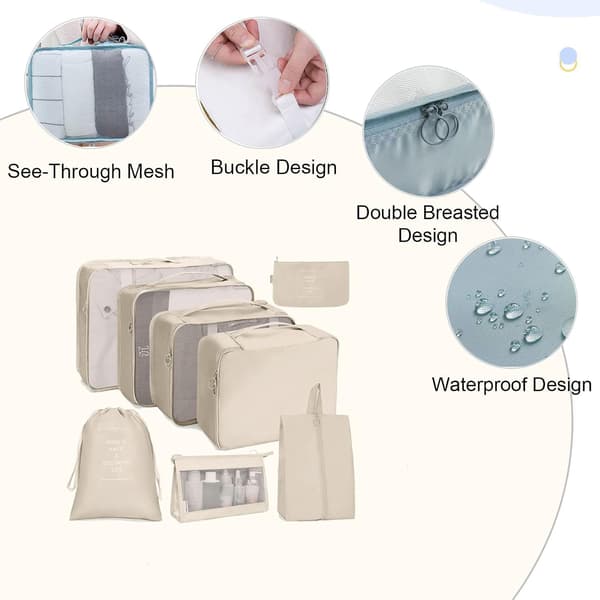 Packing Cubes for Suitcase 8pcs Compression Packing Cubes for Travel Waterproof Beige