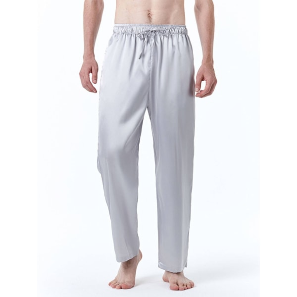 Sommarsömnbyxor för män Lösa Sovkläder i enfärgad satin Byxor Långa pyjamasbyxor ljusgrå storlek S
