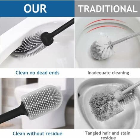 Silicone Toilet Brush with Wall Mount - 3-in-1 Head for Deep Cleaning - Removable Three-Layer Base - Drill-Free Installation