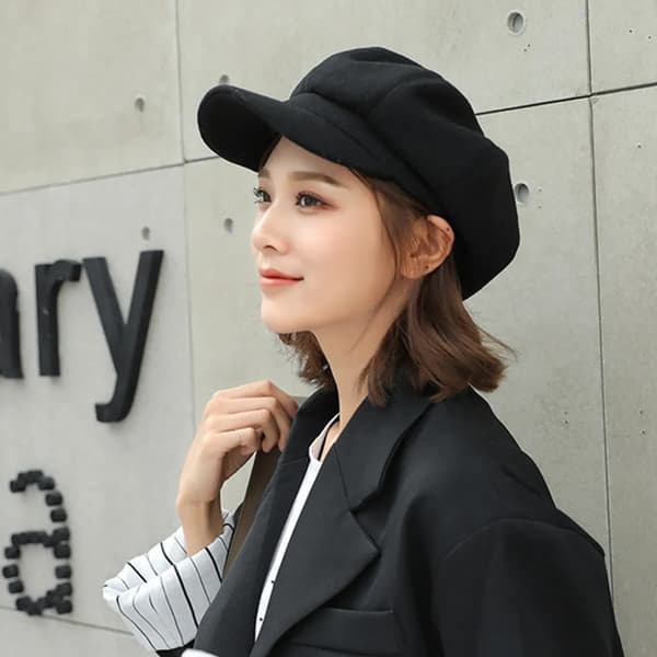 Dame vinterhatt, åttekantet hatt, beret, varm ullhatt, bakerhatt, beige
