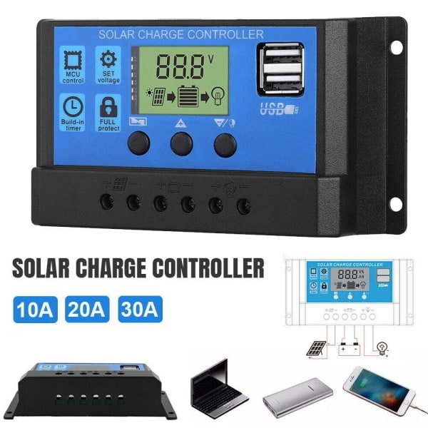 Solpanel batteriladdare 30A 20A 10A Kontroller 12V/24V LCD-regulator Dubbel USB 30A