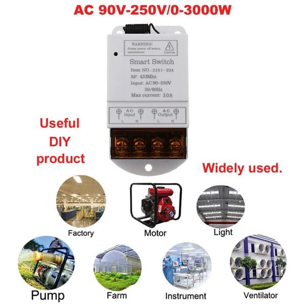Wireless Remote Switch 433MHZ AC 110V/120V/220V/ 30A 1CH Relay RF Remote Control Light Switch for Pump Security System