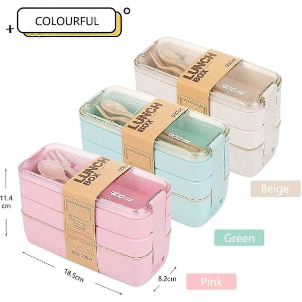 Japanese Bento Box Lunch Box, Reusable 3-in-1 Compartment, Bento Lunch Box Meal Prep Container with Fork, Spoon Khaki