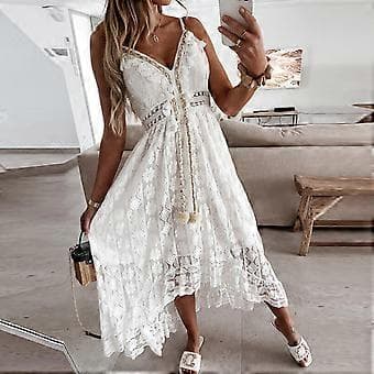 Off Shoulder Spets Patchwork Elegant Klänning Dam Sommar V Ringning Spaghettiband Klänning Kvinnlig Mode Enfärgade Festklänningar Vit L(L Vit)