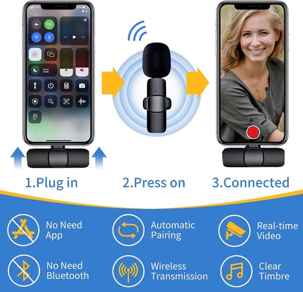 2-pak professionel trådløs mikrofon til iPhone iPad, clip-on mikrofon plug and play til YouTube, optagelse, vlogging