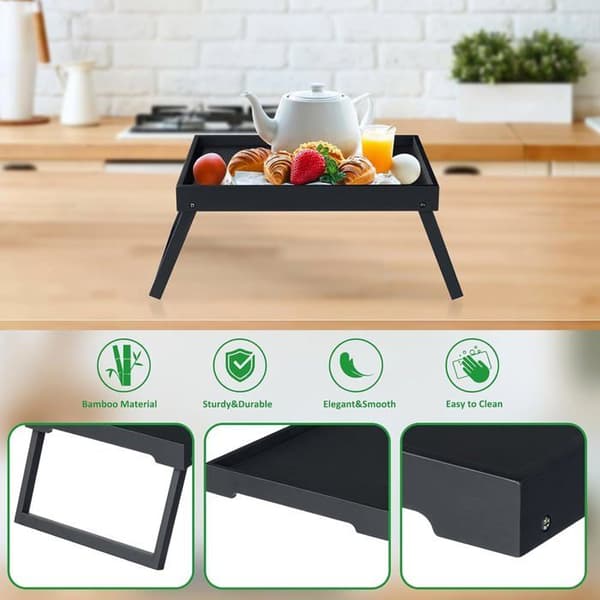 Bamboo Bedside Table with Foldable Legs for Kitchen, Dining Room, Sofa, Office, Laptop Table (Black)