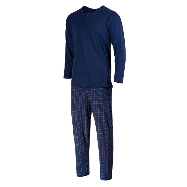 Lång pyjamas herr, 100 % bomull, tvådelat set, långärmad skjorta, långrutiga pyjamasbyxor, XL