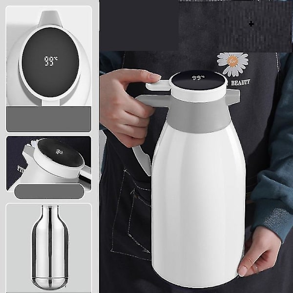 Isolerad vattenkokare med glasfoder, extra lång isolering, termos, hemmakaffe vit white 1000ml