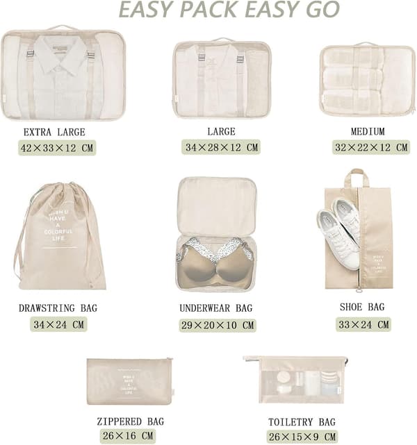 Packing Cubes for Suitcase 8pcs Compression Packing Cubes for Travel Waterproof Beige
