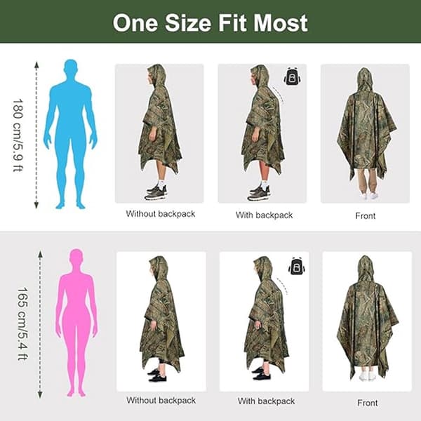 Vanntett Regnponcho - Med Hette - For Camping, Militær, Sykling & Reiser - Nødmaljer for Beskyttelse