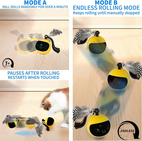 Interactive Remote Control Cat Toy Ball, Automatic Moving Rolling Feather Toy USB Rechargeable Motion Activated Play for Indoor Cats