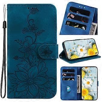 Compatible with iPhone SE 2020 Embossed Lily Wallet Case with Card Holder PU Leather Flip Case - Blue Blue Blue