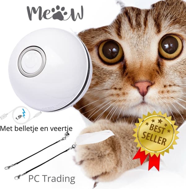 Smart White Interactive Self-Rolling Cat Ball - 7 LEDs, includes USB cable, feather, bell