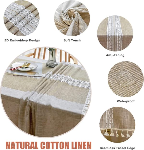Cotton and Linen Tablecloth with Pompoms for Kitchen, Dining Room, Rectangular/Oblong Wrinkle-Free Tablecloths (140 x 220 cm, 6-8 Seats)