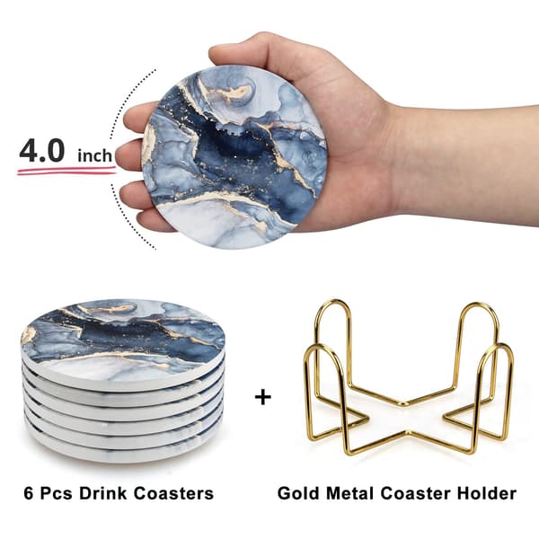 Coaster Sæt med 6, Marineblå Marmor Abstrakt Runde Keramiske Coasters, Absorberende Drikke Coaster Sæt