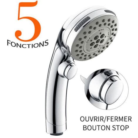 LTS FAFA Chrome Shower Head with Stop Button and 5 Selectable Spray Nozzles