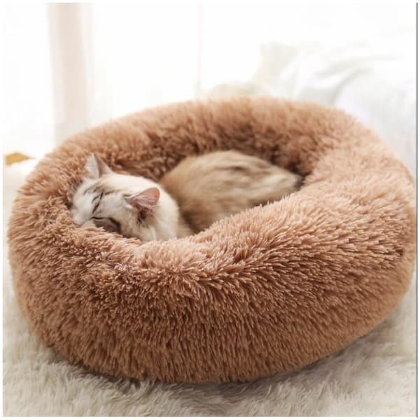 Rund blød fleece kæledyrsseng til sovende katte Khaki hvalpeseng - 50cm