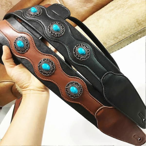 Guitar Strap Ethnic Style Leather Adjustable Acoustic Electric Black