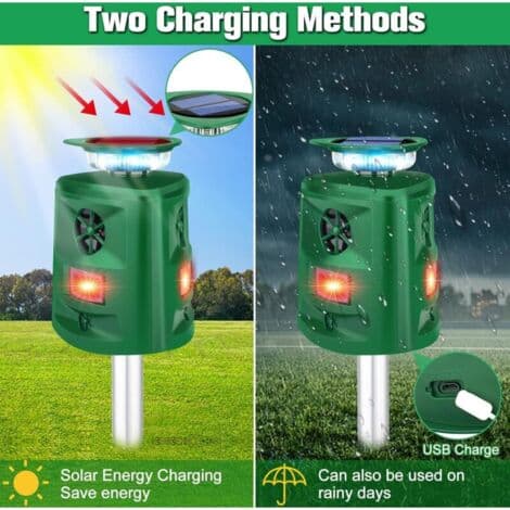 Solar Powered Ultrasonic Animal Repeller - 9 Meter Detection Range - 5 Adjustable Modes - IP44 Waterproof - 360° Protection Against Cats and Foxes