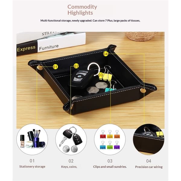 Valet Tray Desk Storage Organizer - Premium PU Leather Bedside Table Tray
