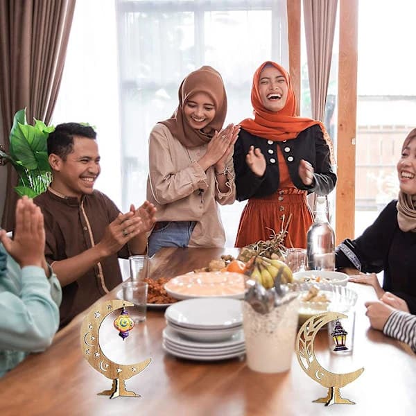 2 stk Ramadan Eid Mubarak-pynt i tre, måne- og stjernelys, borddekorasjon, Ramadan-oppheng