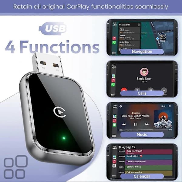 Langaton CarPlay-sovitin iPhonelle, langallinen langattomaksi, minikoko, USB ja USB-C, ei viivettä,A