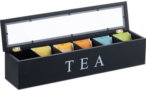 Teebox 6 fack - teebox svart - 43x9x8.7 cm - Förvaringslåda för te & tepåsar & kaffekapslar - Fällbart lock - Trälåda med fack