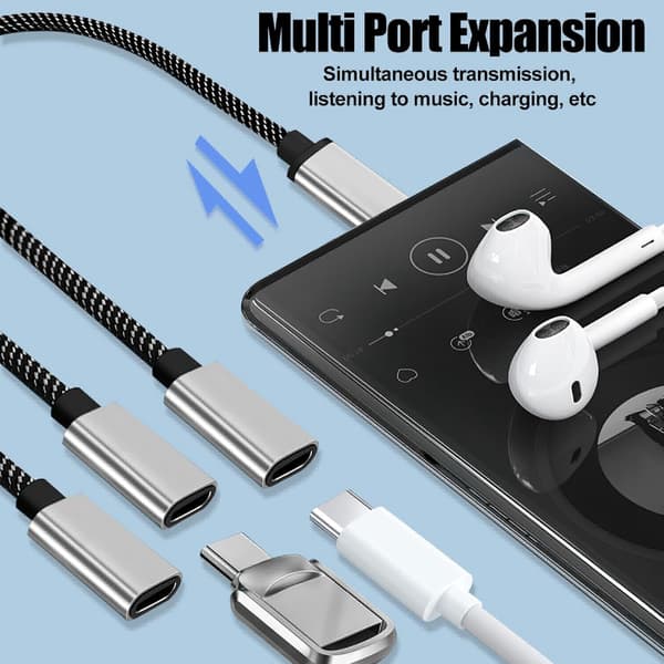 3-Port USB-C Adapter with Splitter Cable - Portable Charging Hub for Data Transfer, Compatible with Laptops