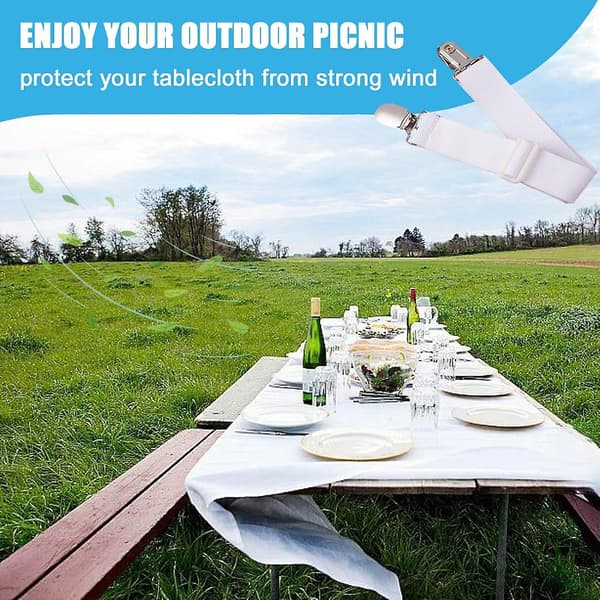Tablecloth Holder Clips Hidden Strap 6-pack, Adjustable Elasticity Picnic Tablecloth Clamp Indoor Outdoor Large Clamp for Thick Tables Bench Covers