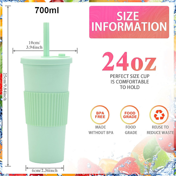 700 ml Stor Dubbelväggig Plastmugg med Sugrör Mjölktekopp Bärbar Utomhus Sugrörsmugg