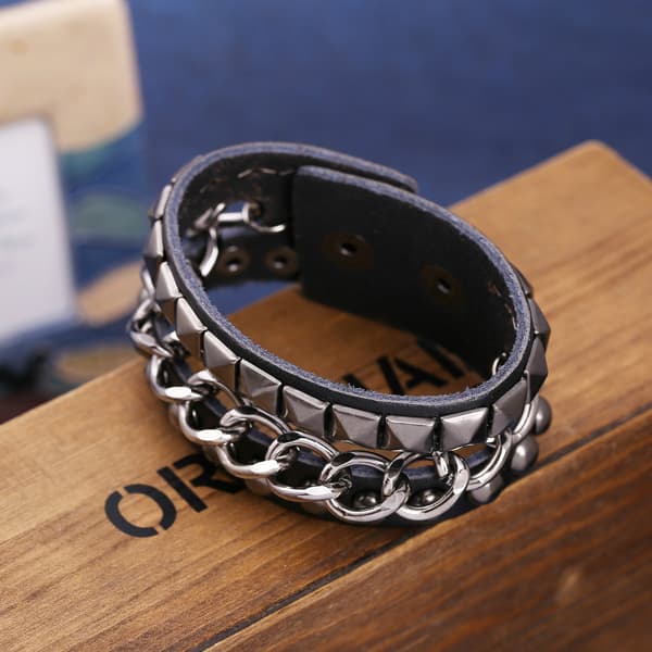 Herre Sort Ægte Læder Mode Armbånd Legering Knapper Manchet