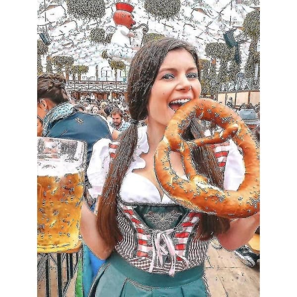 Ny Dirndl-kjole - Traditionel bayersk kjole til kvinder, ølpige-kjole, bluse og forklæde - Mørkegrøn, Størrelse L