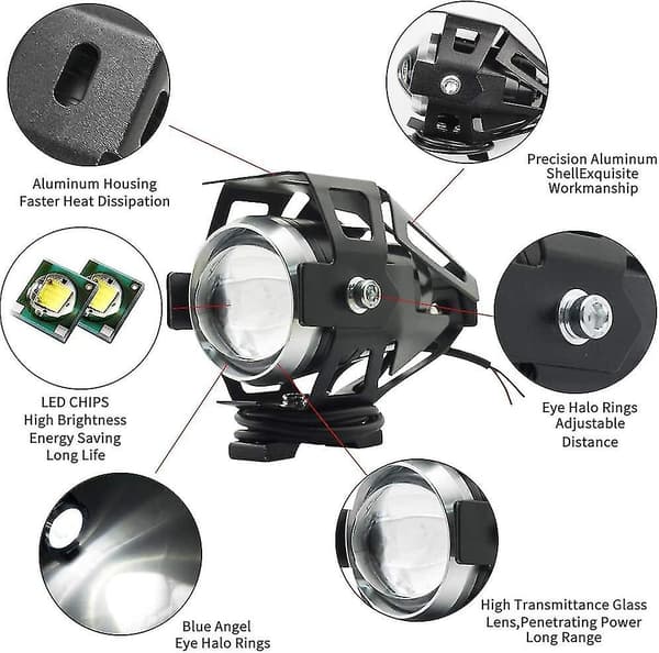 Motorsykkel frontlys Ekstra frontlys - U5 LED-frontlys for motorsykkel, firehjuling, scooter (125w, 3000lm)