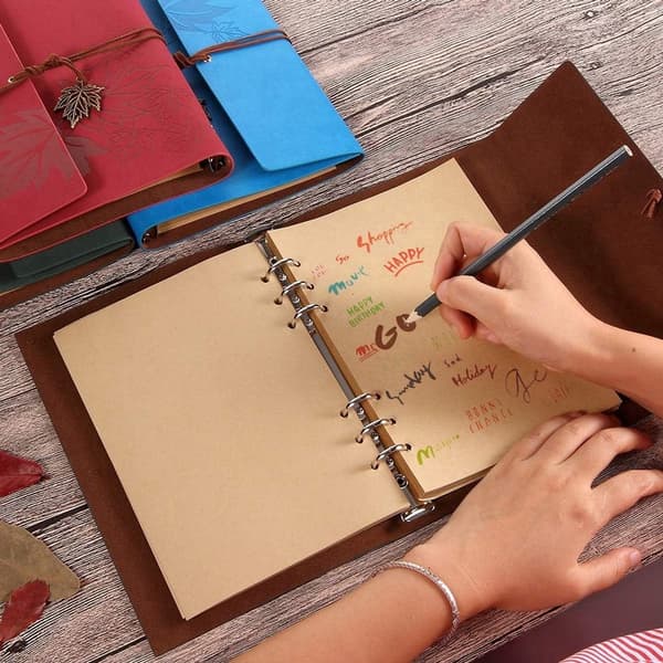 Vintage Leather Notebook with Maple Leaf Pattern A5 16.5x23.5 CM 80 Sheets 6-Ring Binder Refillable Travel Diary Sketchbook Journal Red