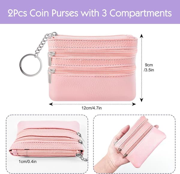 2 Mini Wallets for Women Compact Leather Zip Around with 3 Compartments Key Holder Black Pink