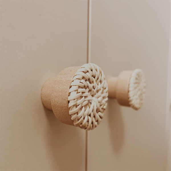 6 Boho Rattan Knapper til kommode, skuffer, skabe; håndlavede