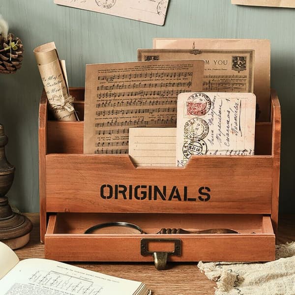 Desktop Storage Organizer with Drawer Multi-layer Desktop Storage Box Wooden Desk Letter Rack Desk Accessories