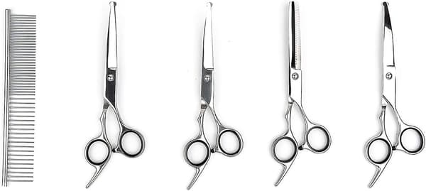 Dog Grooming Scissors, 5-piece Set with Titanium Coated Stainless Steel Tools, Thinning / Straight / Curved Scissors and Combs