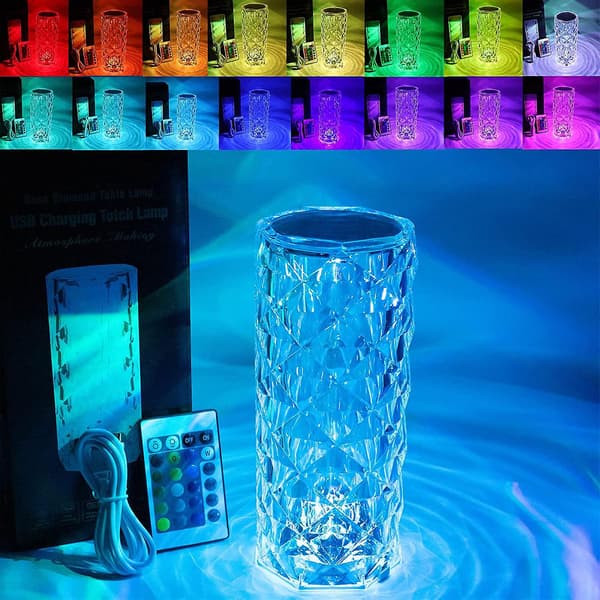 2023 Touch Table Lamp Crystal LED Night Light, 16 Colors Rechargeable Rose Diamond Table Lamp with Touch