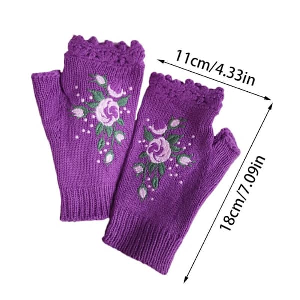 Bifblomma Stickade Fingerlösa Handskar Mörk Lila
