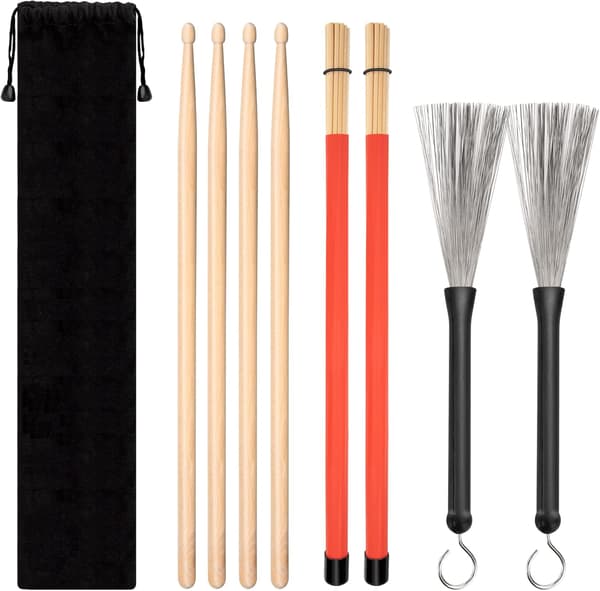 Classic Drum Set, 4 Pairs Maple Drum Sticks, Wire Brush and Rod Drumsticks with Storage Bag