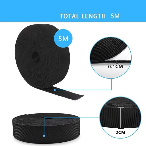 5m×20mm Genanvendelige Nylon Kabelbindere, Sorte Cykelkabelbindere, Kabelbindere, Kabelbindere til Hjem og Kontor.