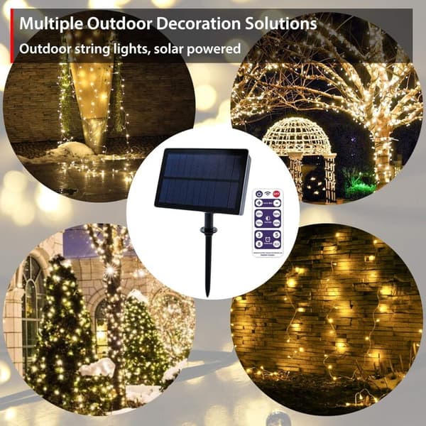 LED String Lights 100 Warm White Lights for Outdoor Decoration Solar Powered Automatic On/Off Dimmable String Lights with Remote Control and Timer Waterproof