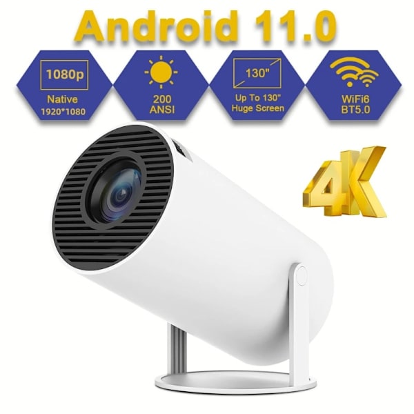 4k HD Projektor HY300 Android 11 Bærbar Utendørs Hjemmekino Projektor Dual Wifi6 200 Bt5.0 1080p 1280*720p