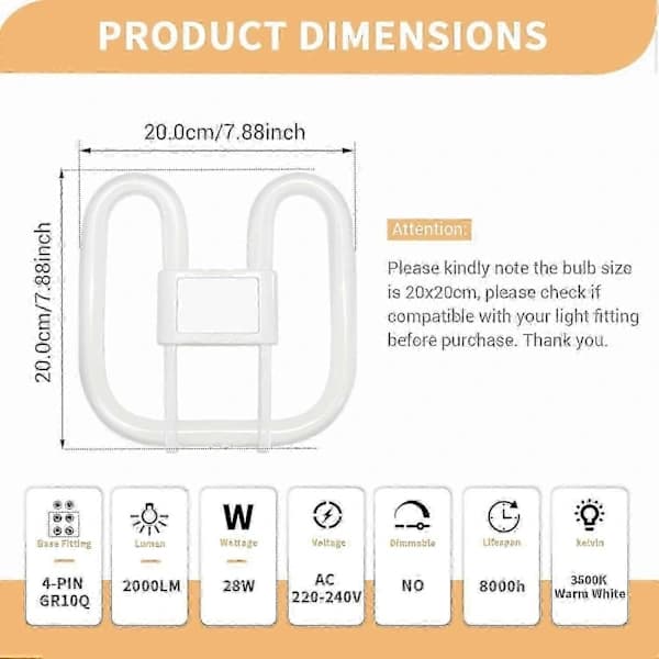 GR10q 4-pin CFL Bulb 28W 3500K Warm White 2000LM Non-Dimmable for Bathroom Kitchen Ceiling Light 20x20cm