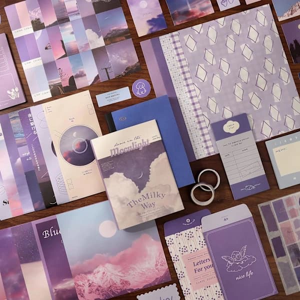 351-delt scrapbooking-tilbehørssæt, lilla æstetisk Bullet Journal Scrapbook-kit med A6-ternet notesbog