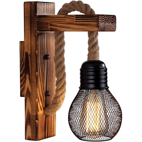 Trävägglampa Hamparep, E27 LED Retro Vägglampa Vardagsrum Sängbord Korridor Café Bar (Utan Glödlampa)