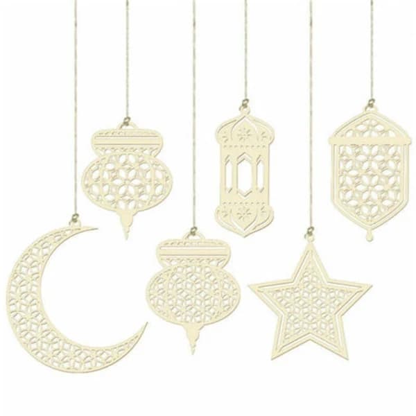Eid Mubarak hengende dekorasjon i tre, måne, stjerner og lykt