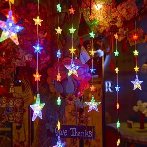 Star Curtain Light String 3m Warm White/Multicolor with Solar Powered+USB
